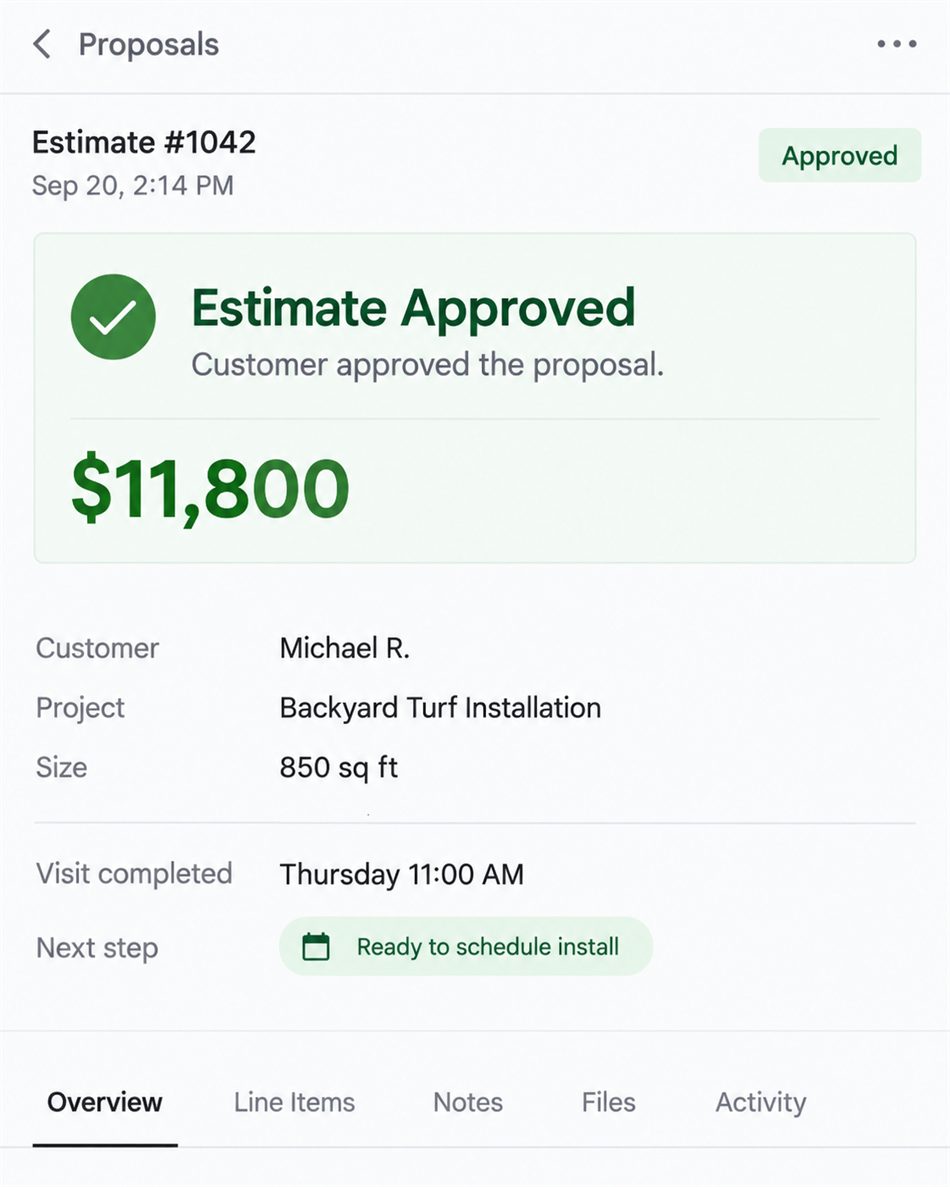 Approved $11,800 turf estimate in contractor CRM