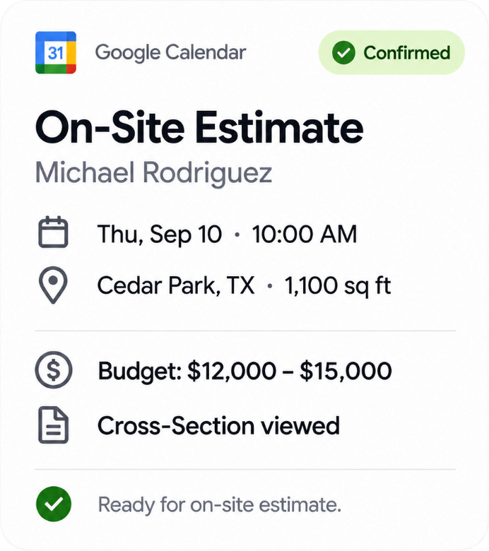 Google Calendar confirmed appointment: pre-qualified turf estimate