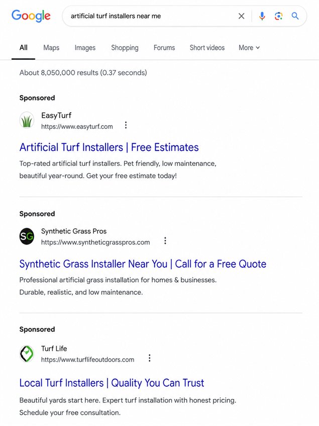 Google Search artificial turf installers near me generic ads