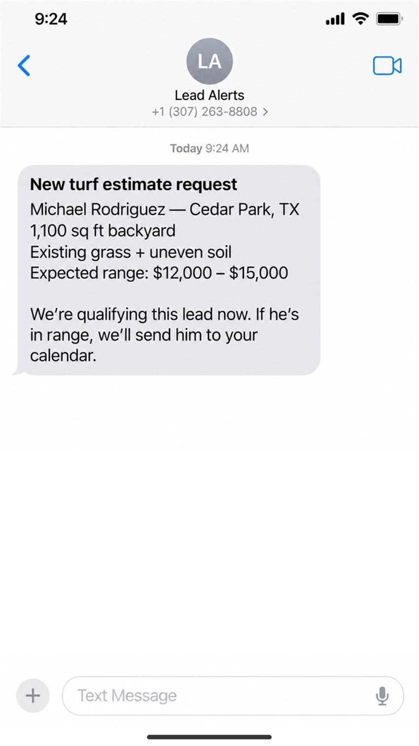 SMS Lead Alert: New turf estimate request details and qualification status