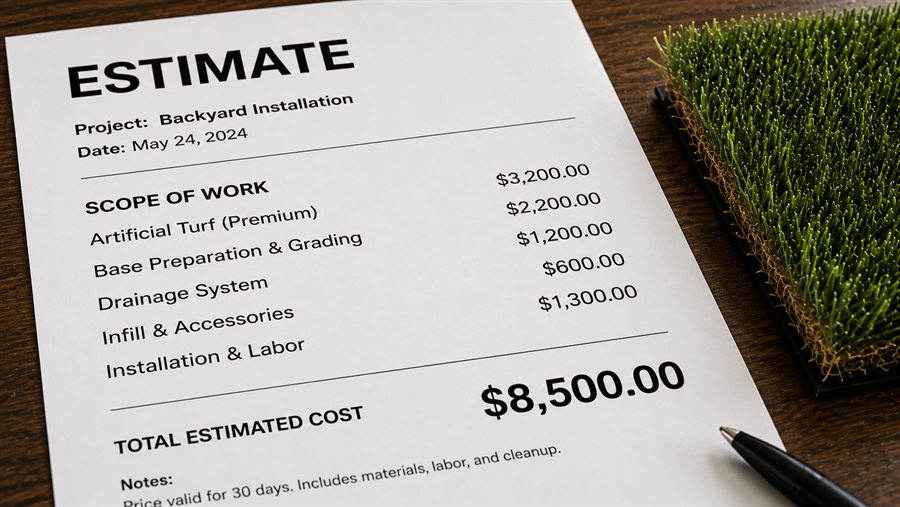 Detailed turf installation estimate breakdown with sample swatch and pen