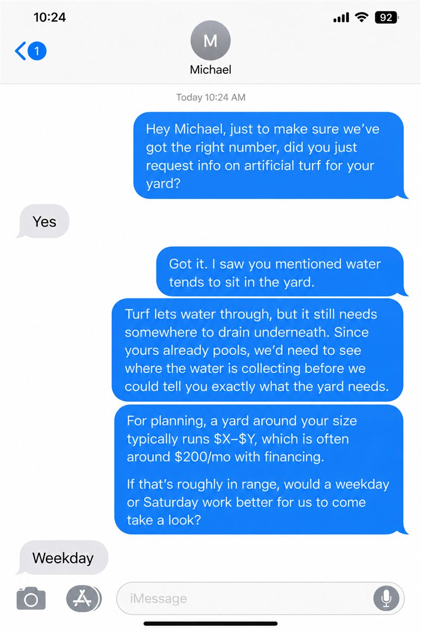 SMS automated price ballpark qualification conversation